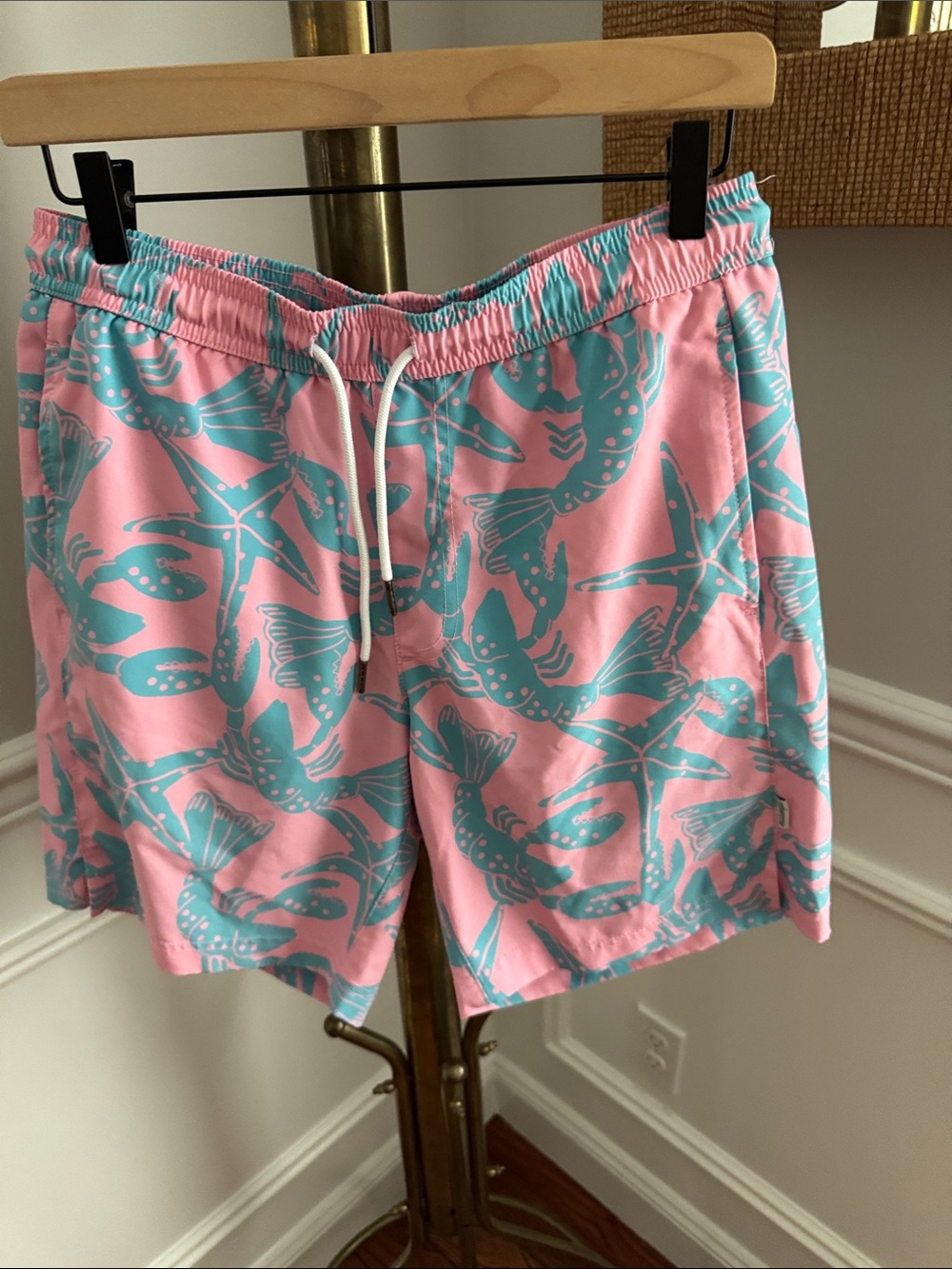 Men's Pink & Teal Lobster-Print Swim Trunks